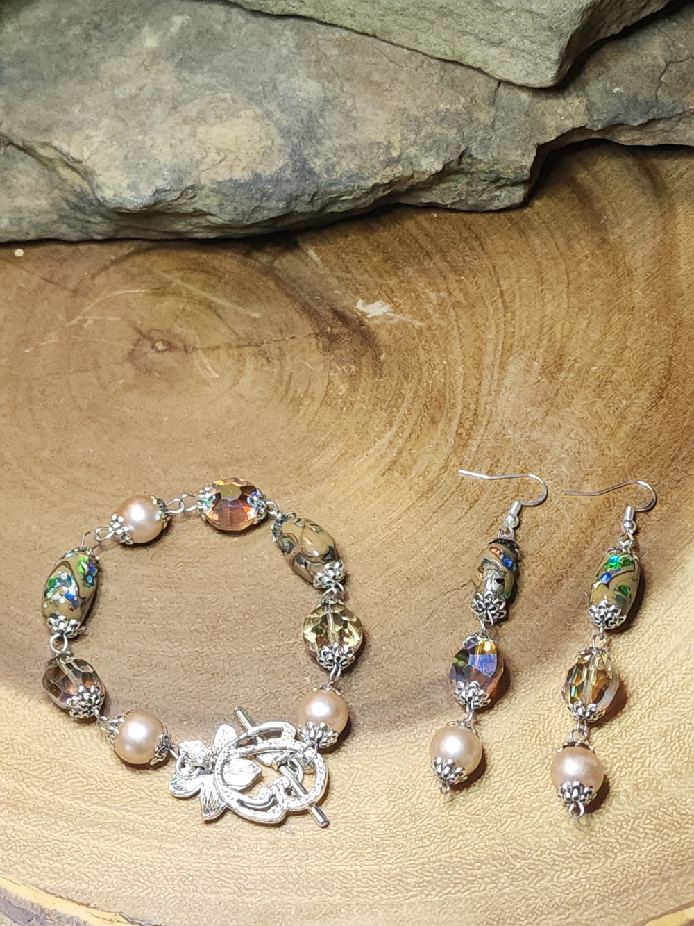 Bracelet & Earrings Set With Faux Pearls & AB Glass Crystal & Lampwork Beads